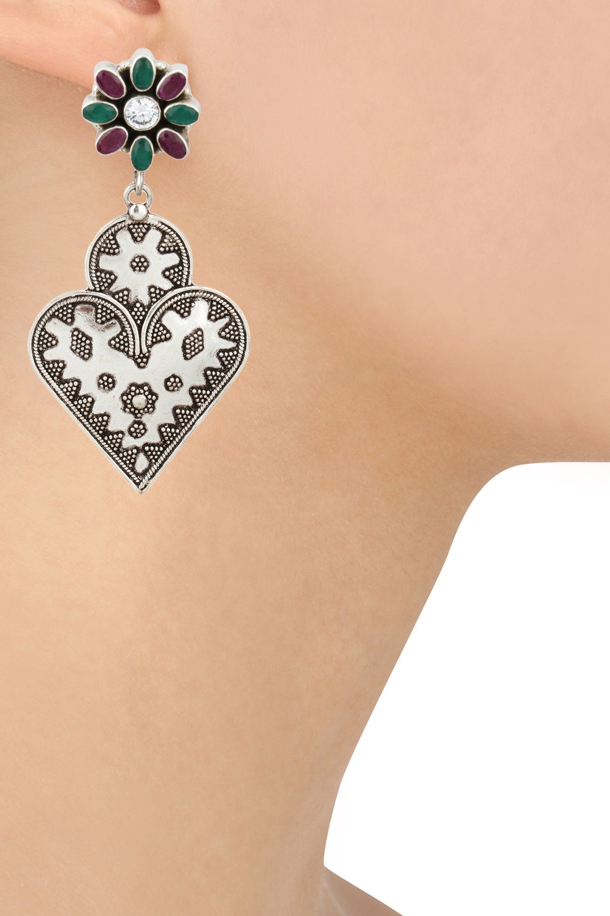 Antique Silver Finish Multicolor Heart Shaped Earrings