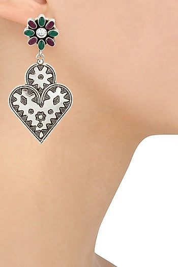 Antique Silver Finish Multicolor Heart Shaped Earrings