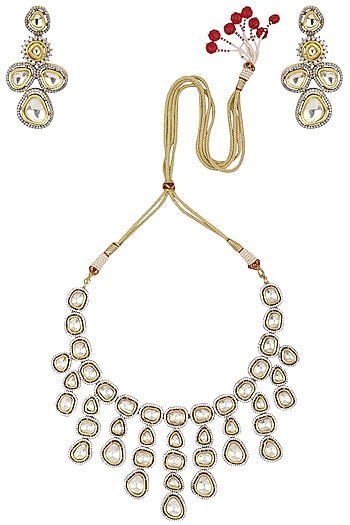 Gold Finish Kundan and Zircon Studded Enamelled Necklace Set