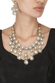 Gold Finish Kundan and Zircon Studded Enamelled Necklace Set