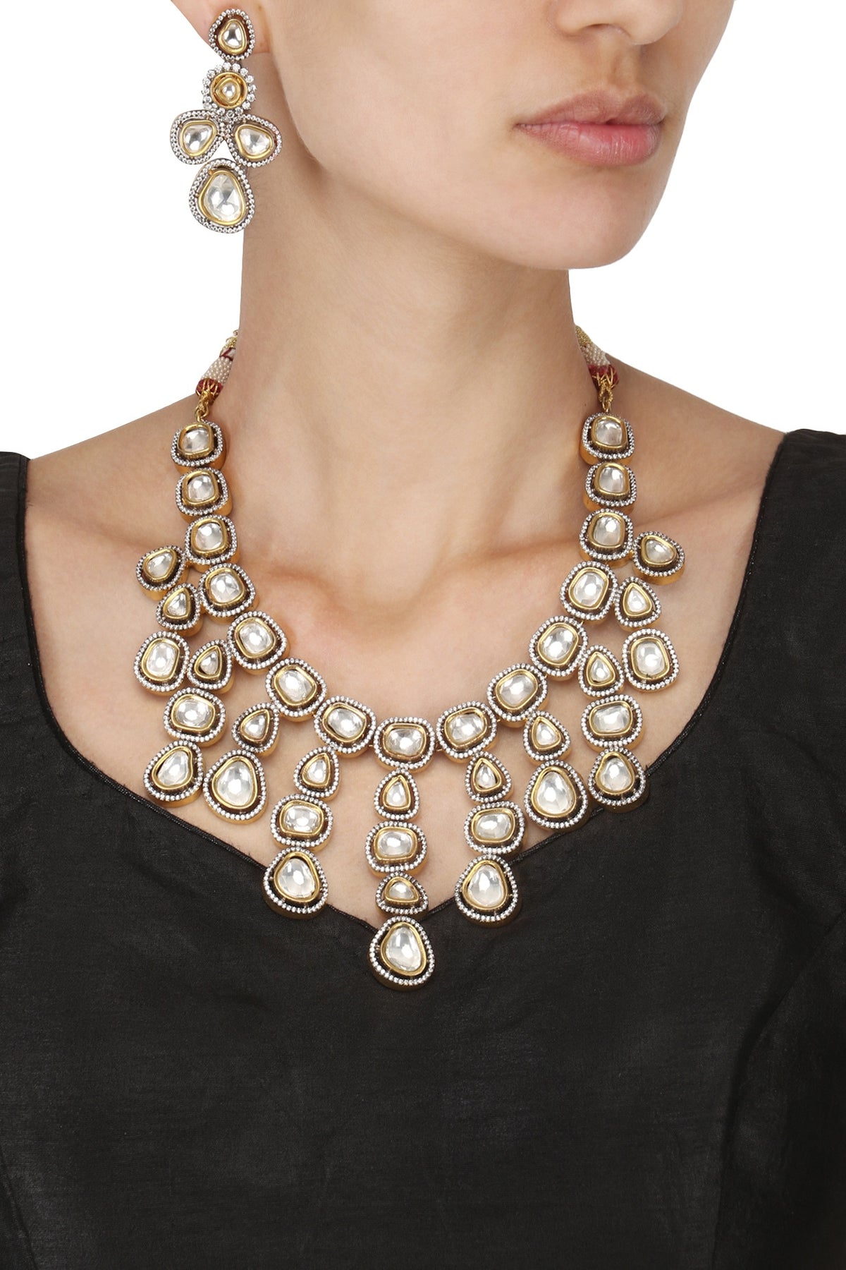 Gold Finish Kundan and Zircon Studded Enamelled Necklace Set