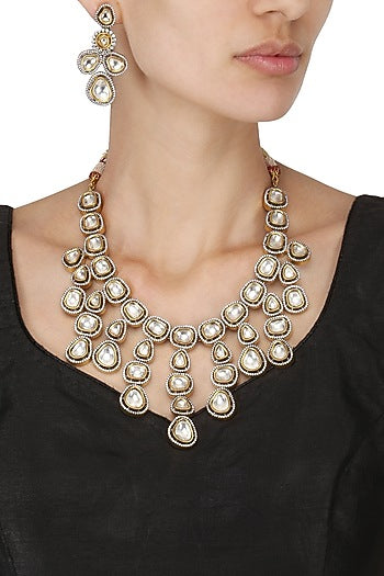 Gold Finish Kundan and Zircon Studded Enamelled Necklace Set