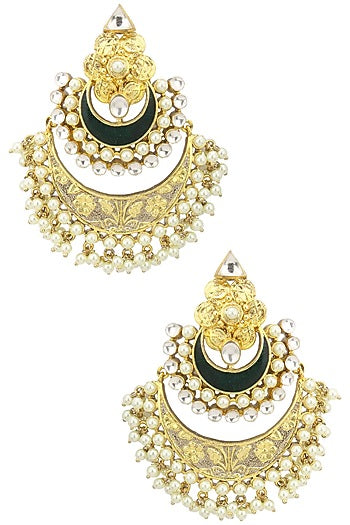 Gold Plated Kundan and Green Enamel Chandbali Earrings
