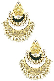 Gold Plated Kundan and Green Enamel Chandbali Earrings
