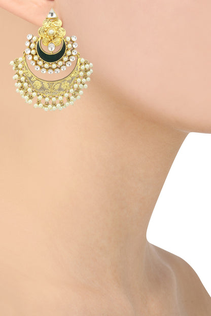 Gold Plated Kundan and Green Enamel Chandbali Earrings