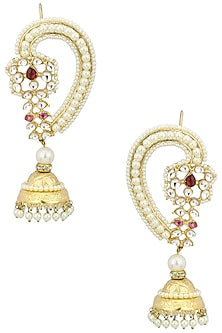 Gold Plated Kundan, Pearls and Red Stone Jhumki Earrings
