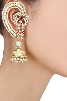 Gold Plated Kundan, Pearls and Red Stone Jhumki Earrings