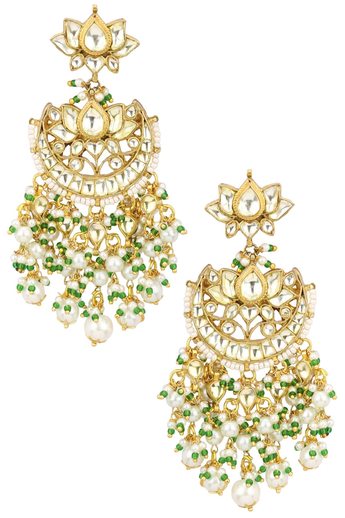 Gold Plated Kundan and Green Beads Crescent Earrings