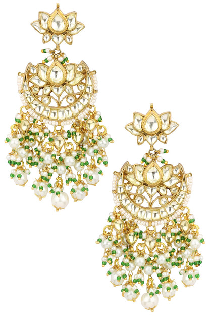 Gold Plated Kundan and Green Beads Crescent Earrings