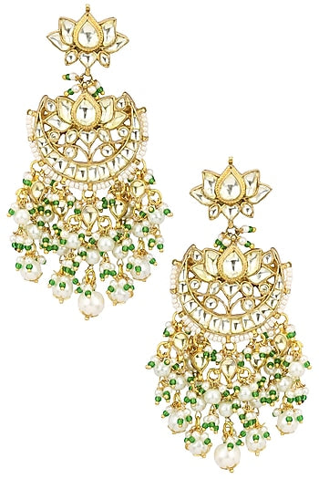 Gold Plated Kundan and Green Beads Crescent Earrings
