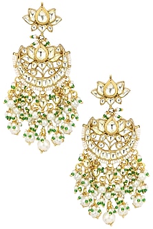 Gold Plated Kundan and Green Beads Crescent Earrings