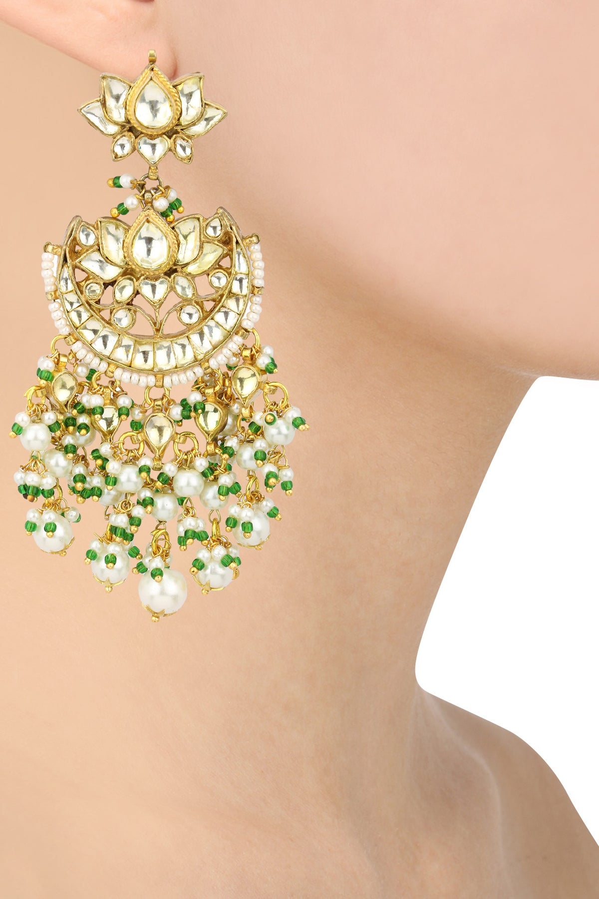 Gold Plated Kundan and Green Beads Crescent Earrings