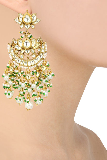 Gold Plated Kundan and Green Beads Crescent Earrings
