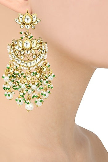 Gold Plated Kundan and Green Beads Crescent Earrings