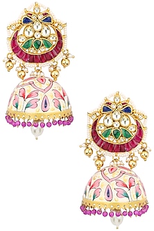 Gold Plated Kundan and Multicolor Stone Chandbali Earrings