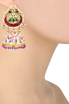 Gold Plated Kundan and Multicolor Stone Chandbali Earrings