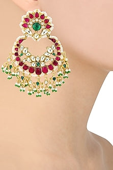 Gold Plated Kundan and Red Stone Chandbali Earrings