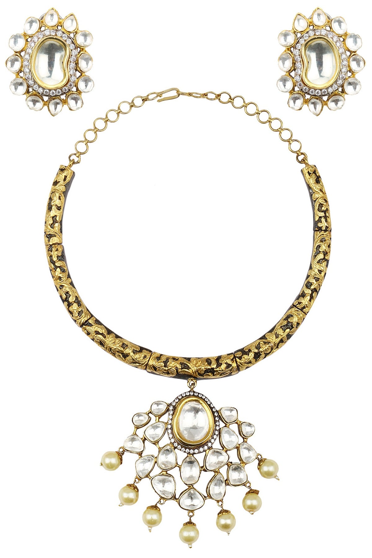 Antique Gold Finish Kundan Studded Hasli
