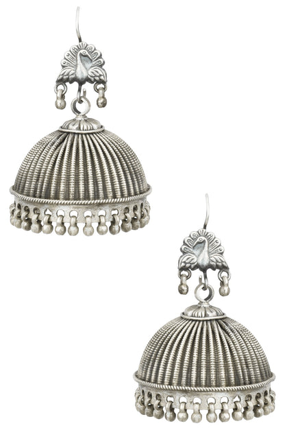 Antique Silver Finish Peacock Textured Earrings