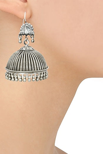 Antique Silver Finish Peacock Textured Earrings