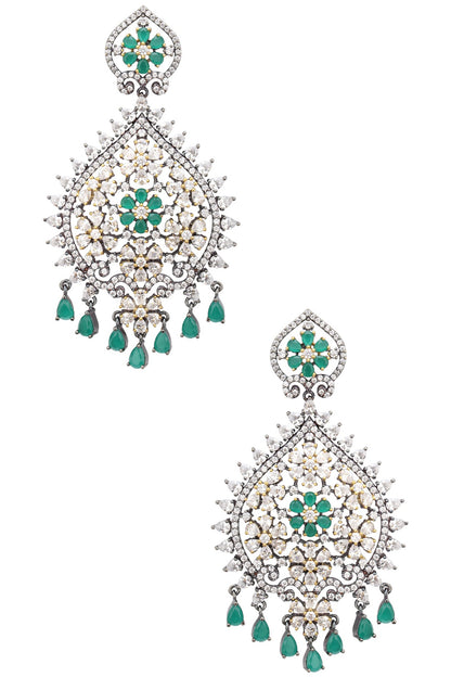 Rhodium Plated American Diamonds and Emerald Semi Precious Stone Earrings