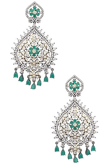 Rhodium Plated American Diamonds and Emerald Semi Precious Stone Earrings