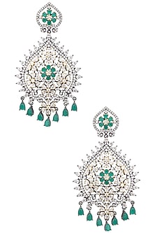 Rhodium Plated American Diamonds and Emerald Semi Precious Stone Earrings