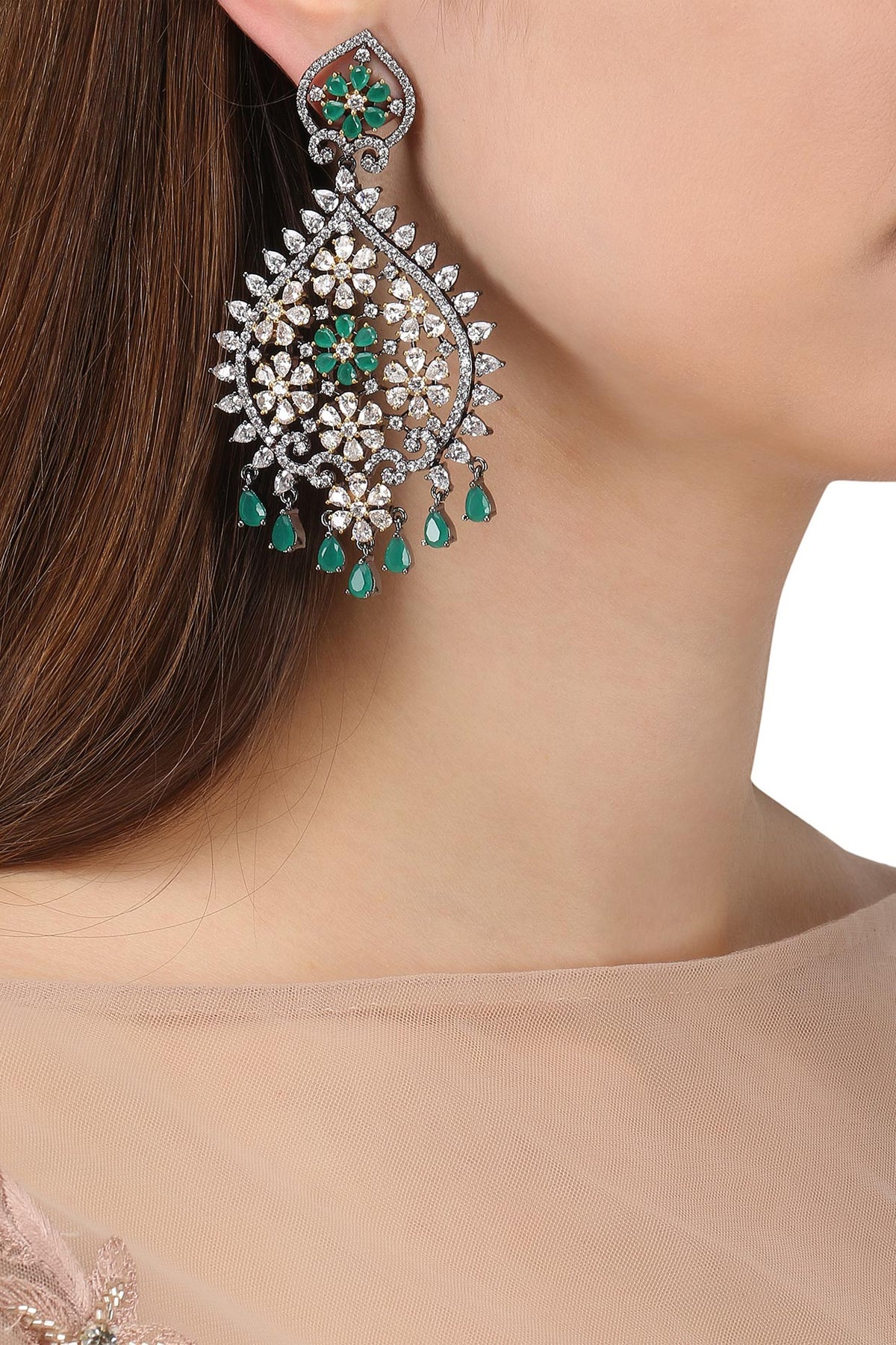 Rhodium Plated American Diamonds and Emerald Semi Precious Stone Earrings