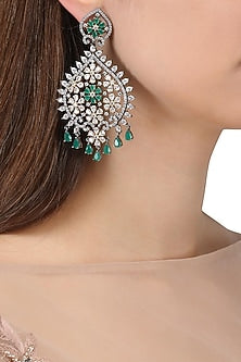 Rhodium Plated American Diamonds and Emerald Semi Precious Stone Earrings