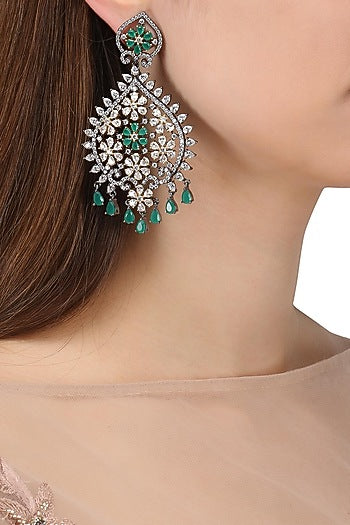 Rhodium Plated American Diamonds and Emerald Semi Precious Stone Earrings
