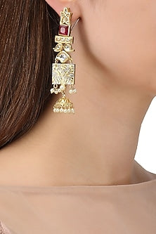 Gold Plated Kundan and Semi Precious Stone Textured Earrings
