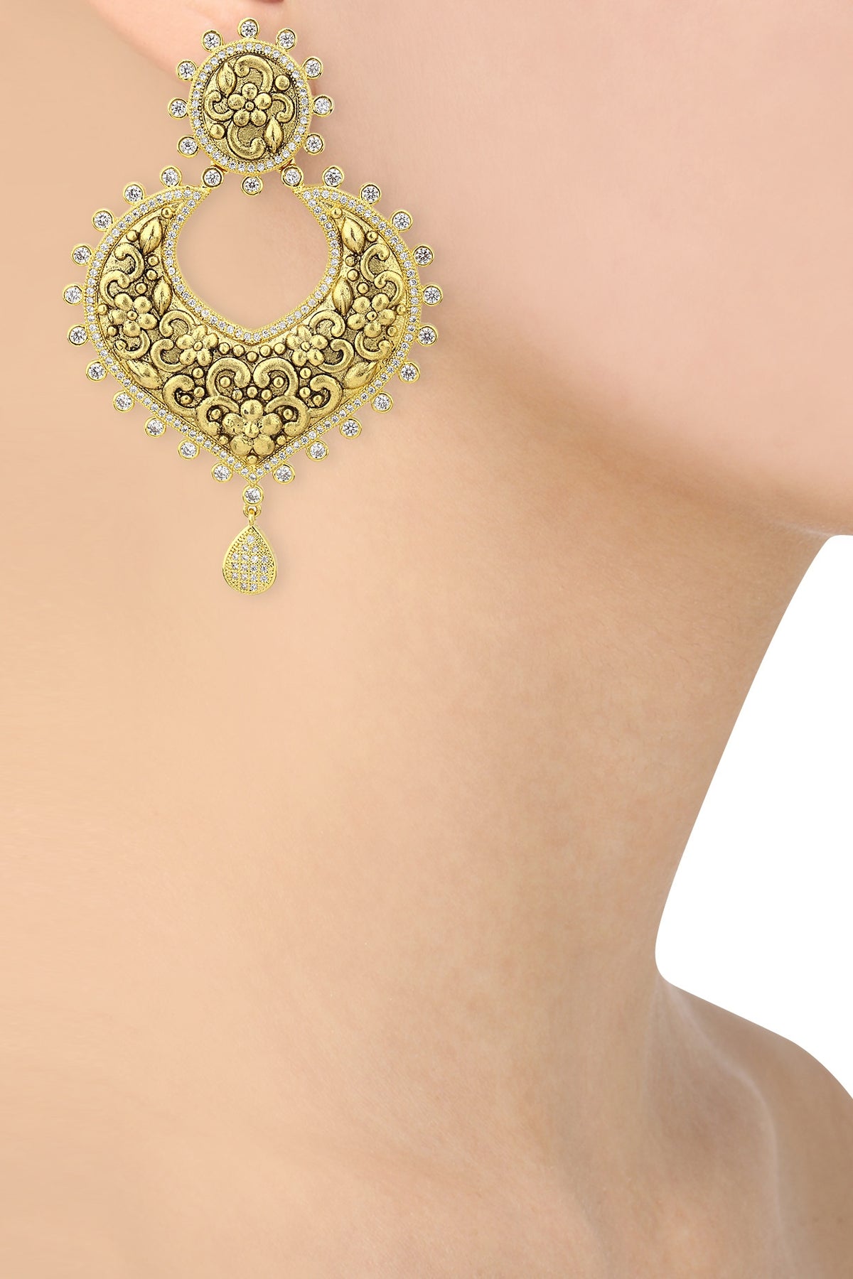 Gold Finish Textured Chandbali Earrings