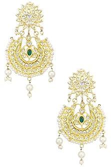 Gold Finish Kundan and Pearls Studded Chandbali Earrings
