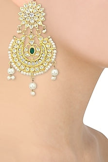 Gold Finish Kundan and Pearls Studded Chandbali Earrings