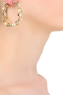 Gold Plated Crystal Stone And Pearl Hoop Earrings