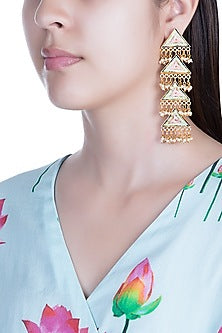 Matte Gold Finish Embroidered Pearl Hanging Layered Earrings