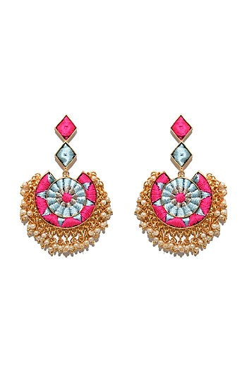 Gold Plated Thread Hand Embroidered & Pearl Chandbali Earrings