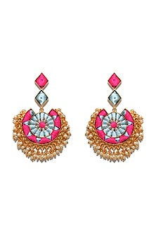 Gold Plated Thread Hand Embroidered & Pearl Chandbali Earrings