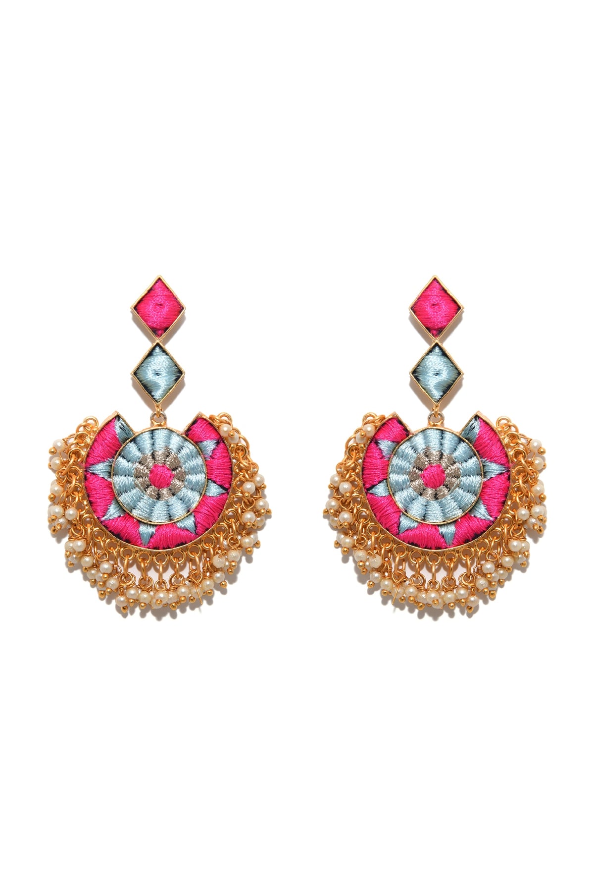 Gold Plated Thread Hand Embroidered & Pearl Chandbali Earrings
