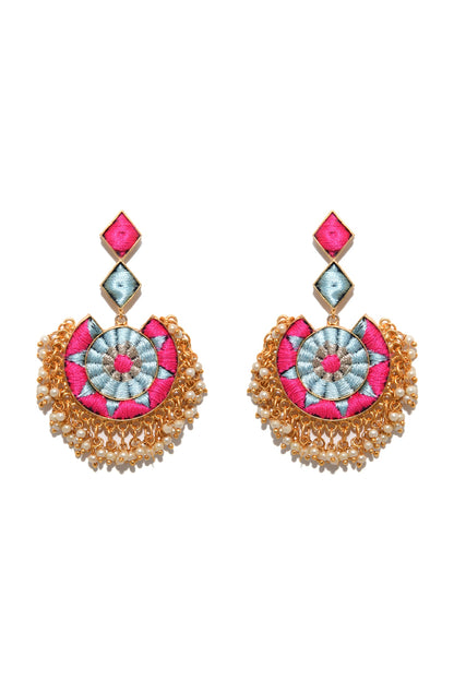 Gold Plated Thread Hand Embroidered & Pearl Chandbali Earrings