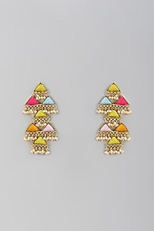 Matte Gold Finish Thread Embroidered Layered Dangler Earrings