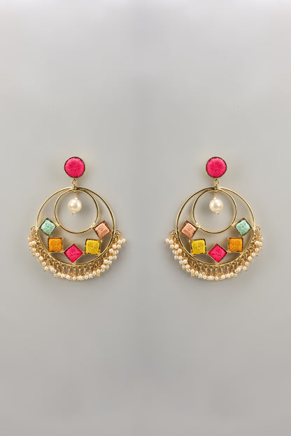 Gold Finish Silk Thread & Pearl Embellished Earrings