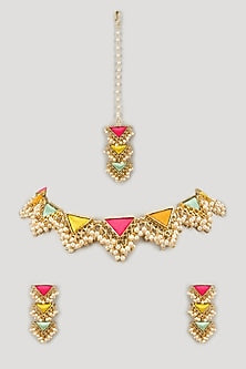 Matte Gold Finish Multi-Colored Zari Silk Embroidered Layered Triangular Necklace Set