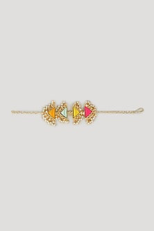 Matte Gold Finish Multi-Colored Zari Silk Embroidered Layered Triangular Necklace Set