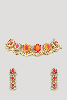 Matte Gold Finish Silk Embroidered & Pearl hanging Layered Necklace Set