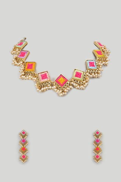 Gold Finish Pearl & Hand Embroidered Choker Necklace Set