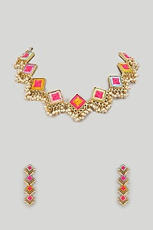Matte Gold Finish Multi-Colored Embroidered & Pearl hanging Layered Necklace Set