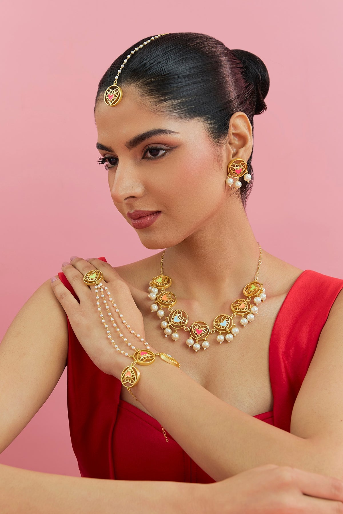 Gold Finish Multi-Colored Stone Necklace Set