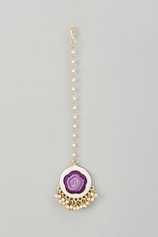 Gold Finish Silk Thread Embroidered & Purple Enameled Maangtikka
