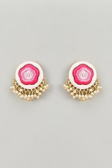 Gold Finish Silk Thread Embroidered & Pink Enameled Stud Earrings